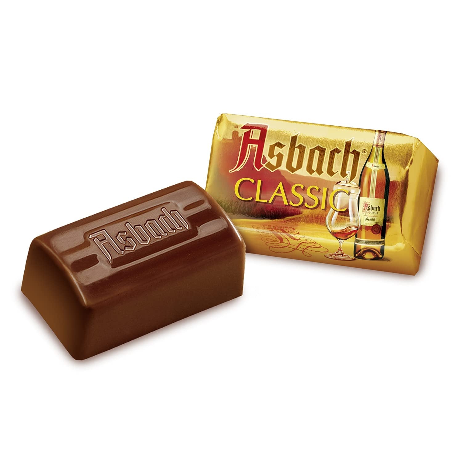 RCP Asbach jemné pralinky v krustovaných lahvích - 1 x 310 g - Hořká čokoláda s náplní Asbach