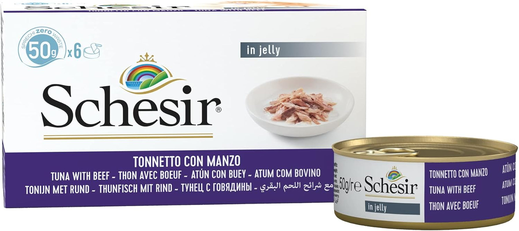 Kočičí želé s tuňákem a hovězím masem, mokré krmivo pro kočky v želé, 8 x 6 plechovek x 50 g