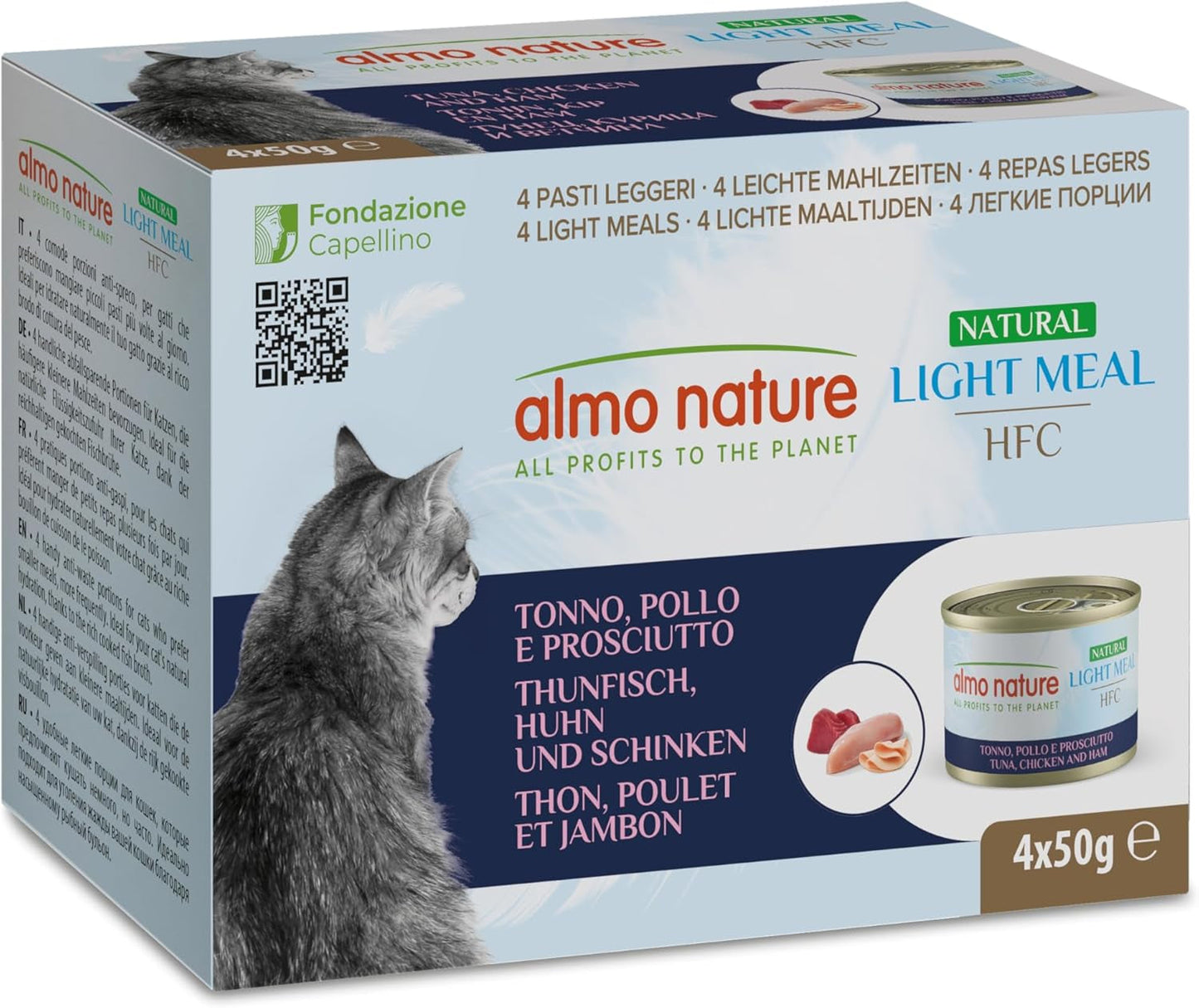 Almo Nature HFC Natural Light Meal - Nassfutter für Katzen - Thunfisch, Huhn & Schinken - Human-Grade, Glutenfrei - 50 g, 4er Pack