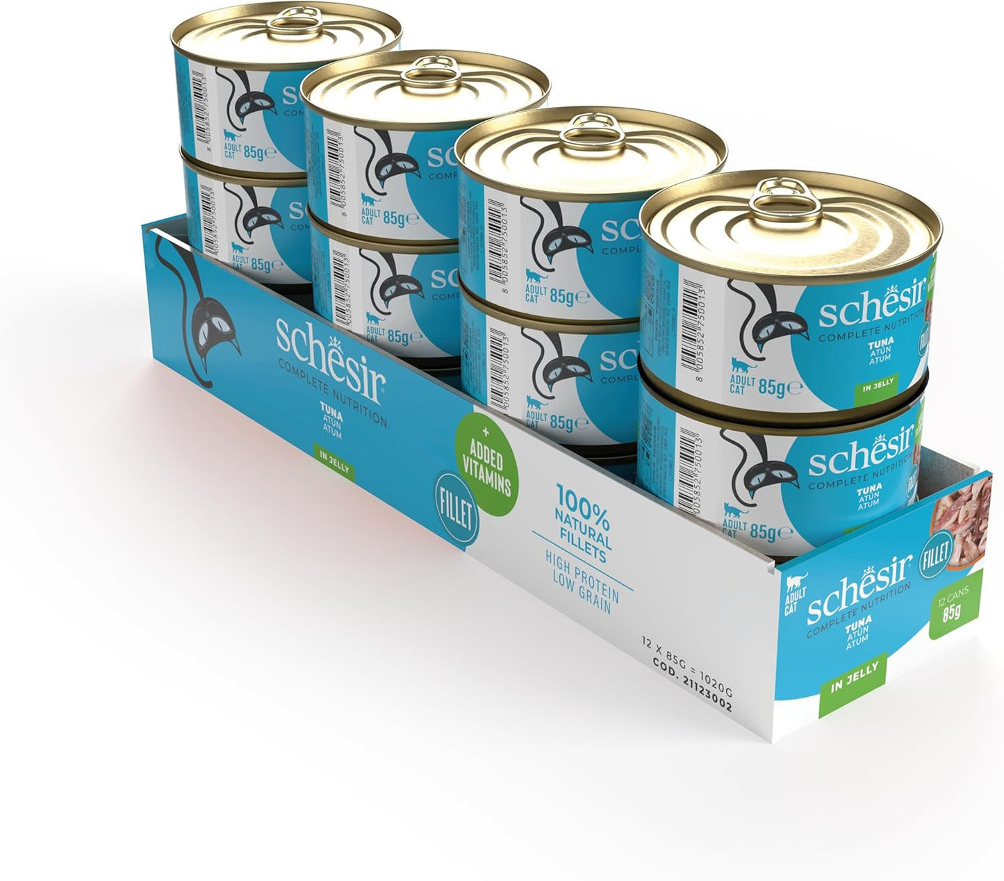 Tuňák v želé, mokré krmivo pro kočky, v konzervě, 100% přírodní, s přidanými vitamíny, 12 x 85 g
