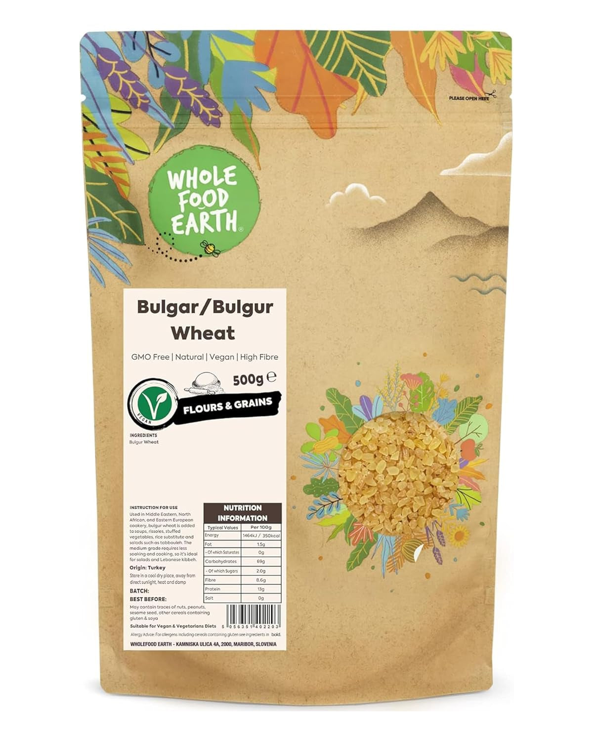 Wholefood Earth pšeničný bulgur - bez GMO - přírodní - veganský - bez mléčných výrobků - bez přidaného cukru, 500g