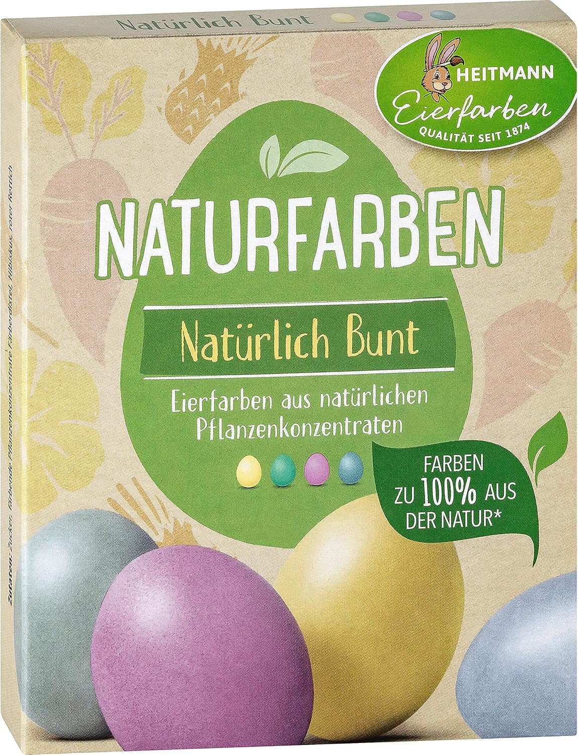 Heitmann sada přírodních barviv na vaječné barvivo, 3 prášky do vaječných barviv (žlutá, fialová, šedomodrá), list samolepek na trávu