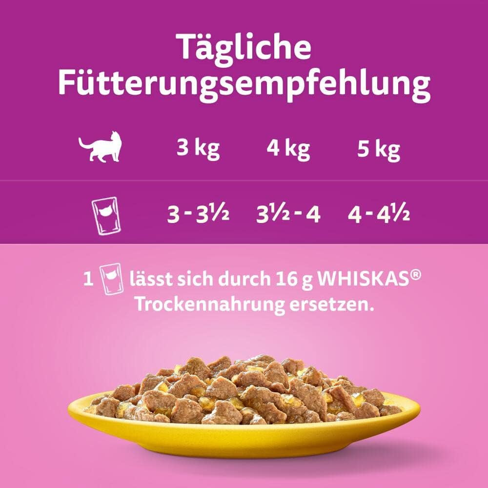 Whiskas 1+ mokré krmivo pro kočky s kuřecím masem v želé, 28x85g (1 balení) - Vysoce kvalitní mokré krmivo pro dospělé kočky v sáčcích po 28 porcích