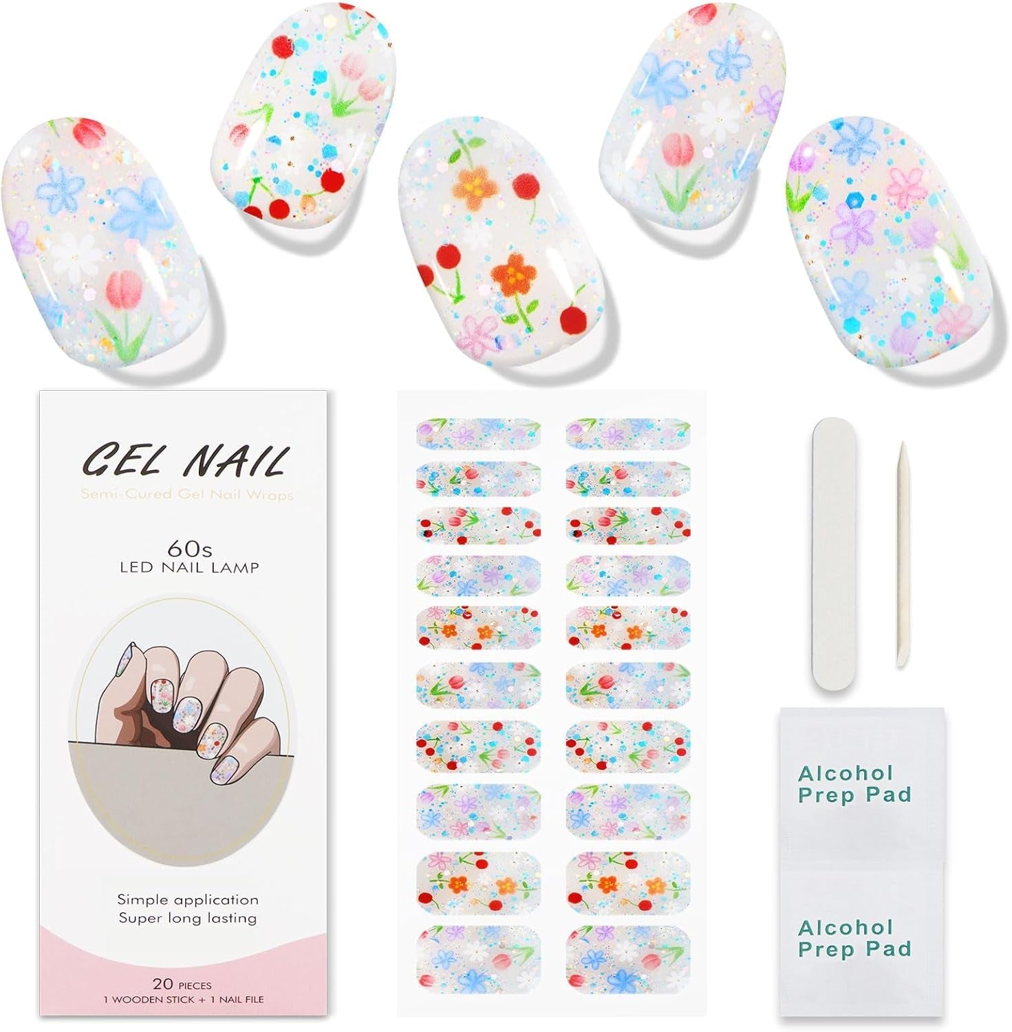 JMEOWIO Nagelfolie UV Härtend Bunter Blumenglitzer UV gelové proužky na nehty Nálepka na nehty Nagelaufkleber Nail Art Dekoration Nageldesign Zubehör