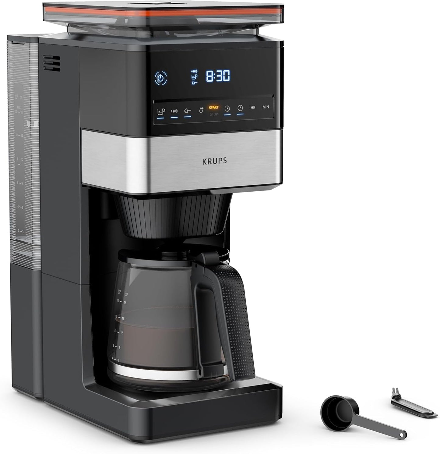Espresso kávovar KRUPS Grind Aroma XL, odnímatelný kónický mlýnek, digitální ovládací panel, kapacita XL (1,5 l), funkce udržování teploty, skleněná karafa, černá/nerezová ocel, KM842810