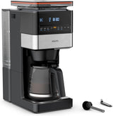 Espresso kávovar KRUPS Grind Aroma XL, odnímatelný kónický mlýnek, digitální ovládací panel, kapacita XL (1,5 l), funkce udržování teploty, skleněná karafa, černá/nerezová ocel, KM842810