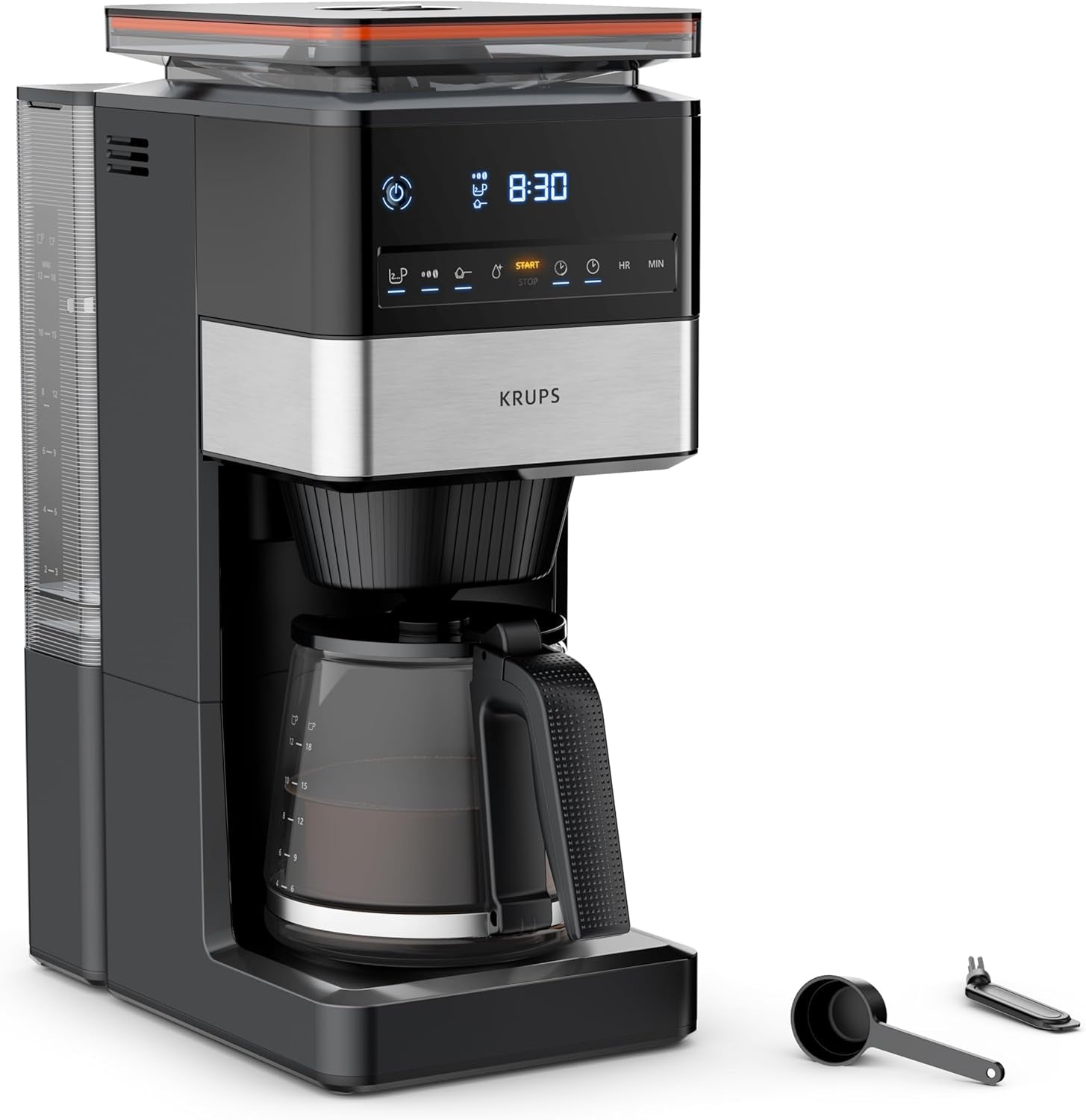 Espresso kávovar KRUPS Grind Aroma XL, odnímatelný kónický mlýnek, digitální ovládací panel, kapacita XL (1,5 l), funkce udržování teploty, skleněná karafa, černá/nerezová ocel, KM842810
