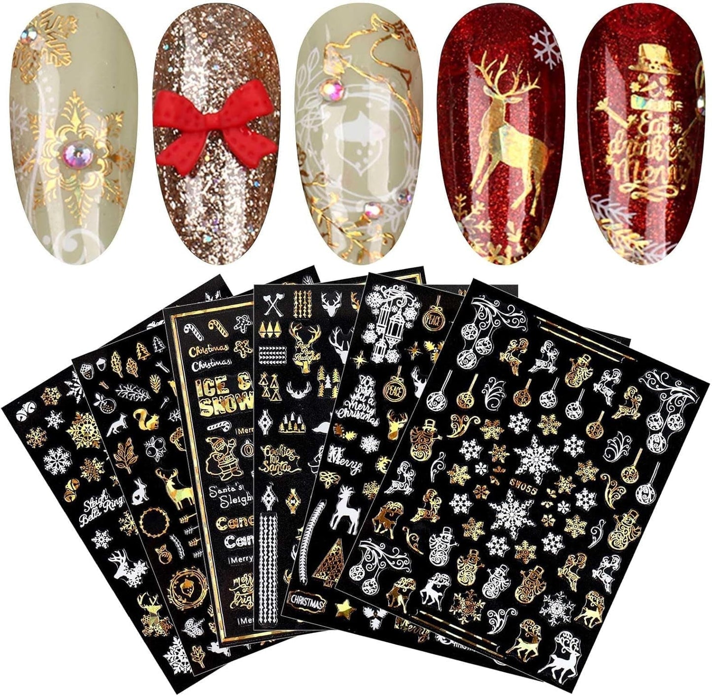 9 Blatt Nagelsticker Weihnachten Nagelaufkleber Selbtklebend Weiß Rentier Schneemann Samolepka na nehty Dekoration Nageldesign Zubehör