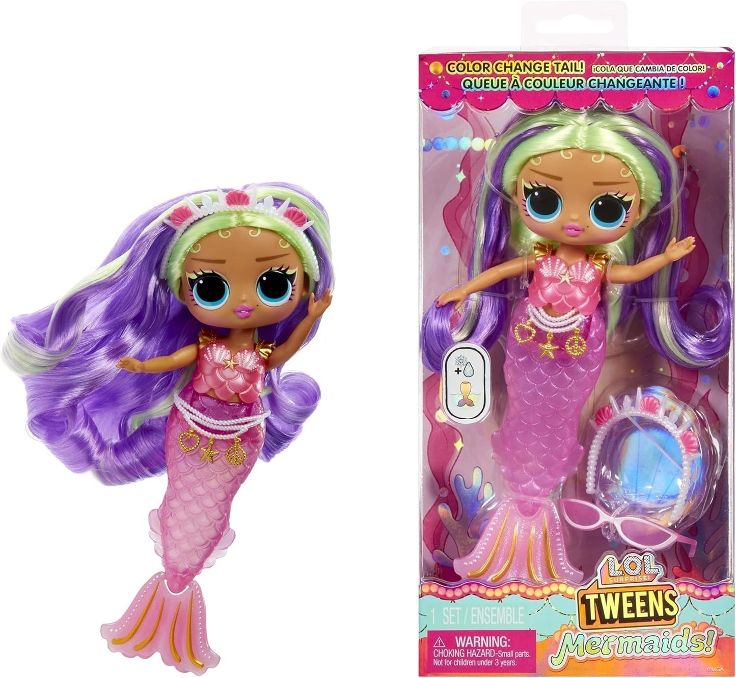 L.O.L. Překvapení! Tweens - Lola Waves Mermaid - módní panenka s ocasem měnícím barvu, pohyblivou ploutví a krásnými doplňky - hračka pro děti a sběratele od 4 let Naty Shop Cleo Cove Dolls