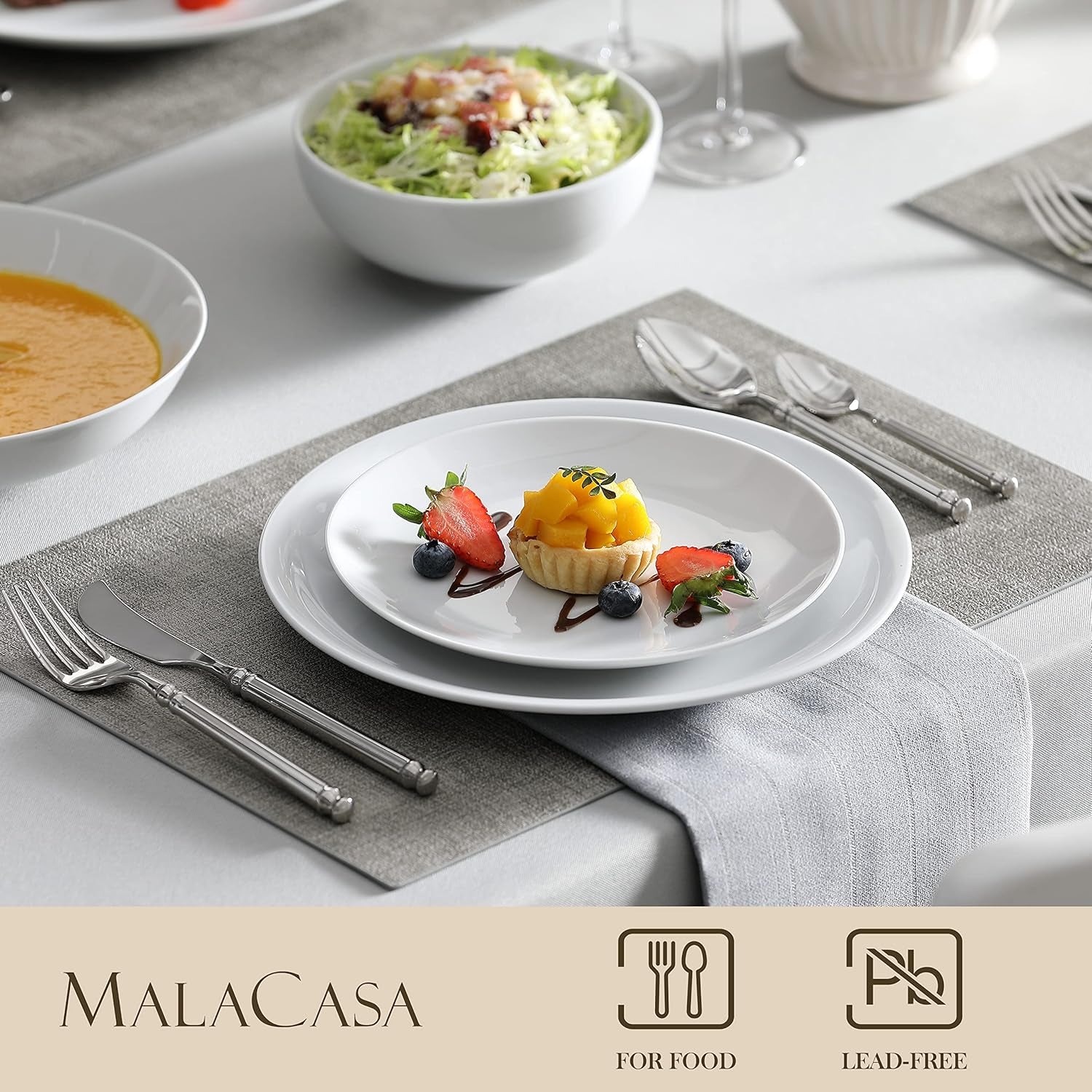 MALACASA Sada jídelního nádobí pro 12 osob, 48dílná sada moderního porcelánového nádobí Amelia, Obsluha s 12 talíři, dezertními talíři, talíři Suma a misky na cereálie, Moderní sada nádobí pro 12 osob – bílá