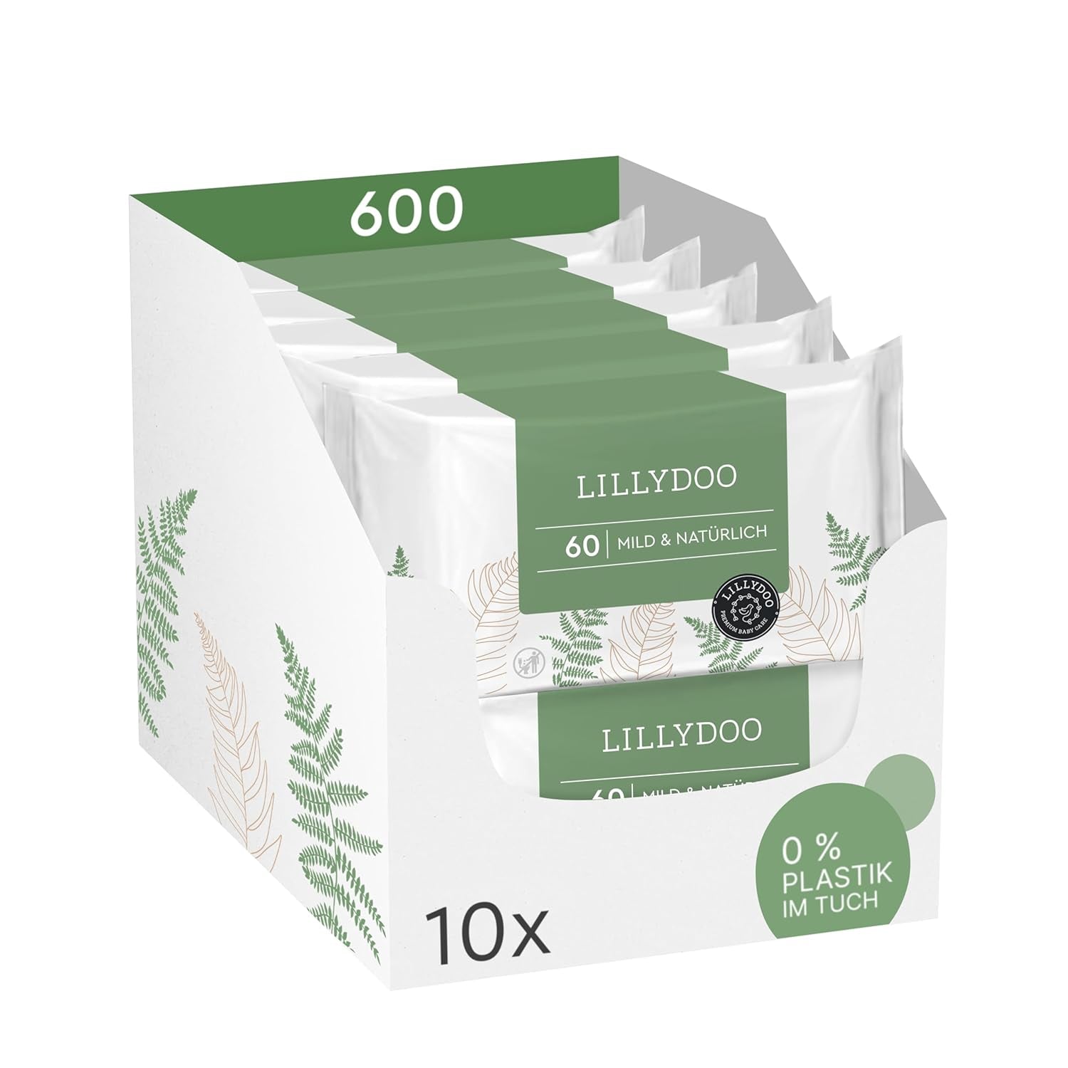 Zelené vlhčené ubrousky LILLYDOO, počet 600 (10 x 60), 100% ubrousek odolný proti roztržení bez plastů – bez parfemace, jemný a přírodní, jemný čistící prostředek pro citlivou pokožku, dermatologicky testováno