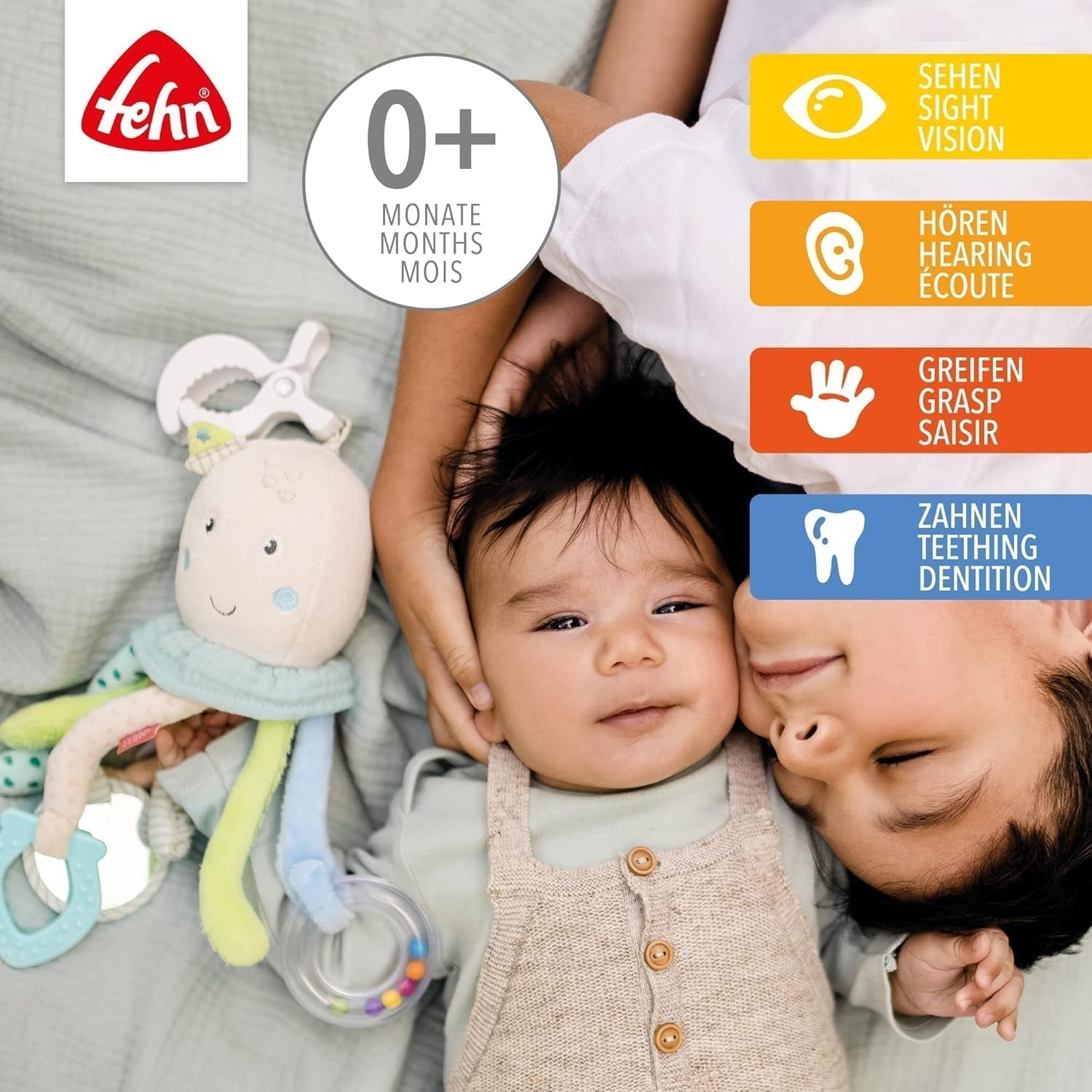 Fehn Chobotnice Activity Toy - Hračka motorických dovedností pro miminka do kočárku a Bright Starts, Oball, Chrastítko s míčky na chůzi, Interaktivní hračka Bebe Toys Naty Shop
