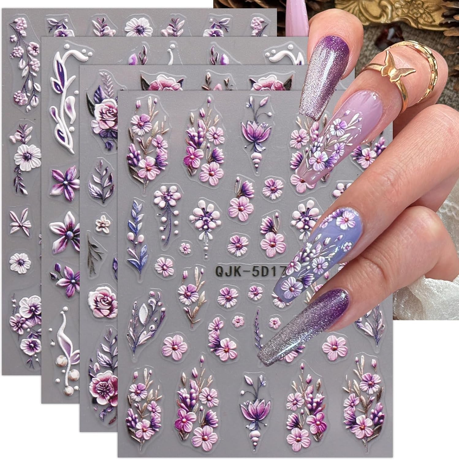 JMEOWIO 3D Nálepka na nehty Blumen Nálepka na nehty Selbstklebend Nagelaufkleber 5D Stereoskopické jarní letní dekorace Nageldesign Zubehör 4 Blatt