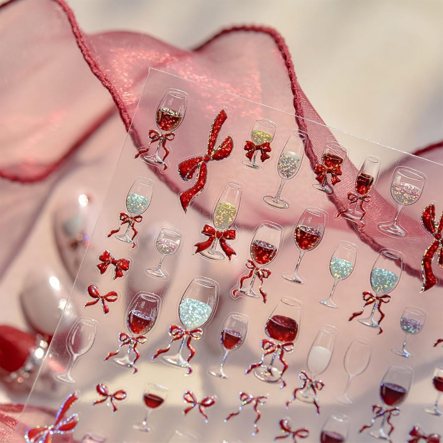 JMEOWIO 3D Nálepka na nehty Roter Kelch Mit Schleife Nálepka na nehty Selbstklebend Nagelaufkleber 5D Stereoskopická dekorace Nageldesign Zubehör 1 Blatt