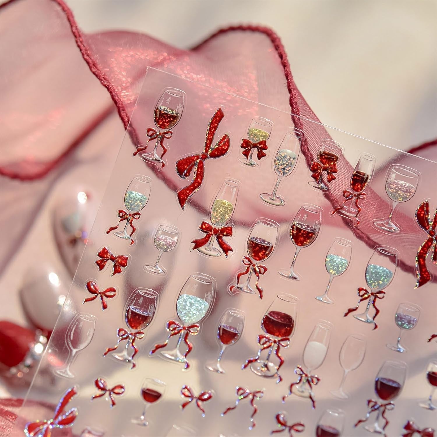 JMEOWIO 3D Nálepka na nehty Roter Kelch Mit Schleife Nálepka na nehty Selbstklebend Nagelaufkleber 5D Stereoskopická dekorace Nageldesign Zubehör 1 Blatt