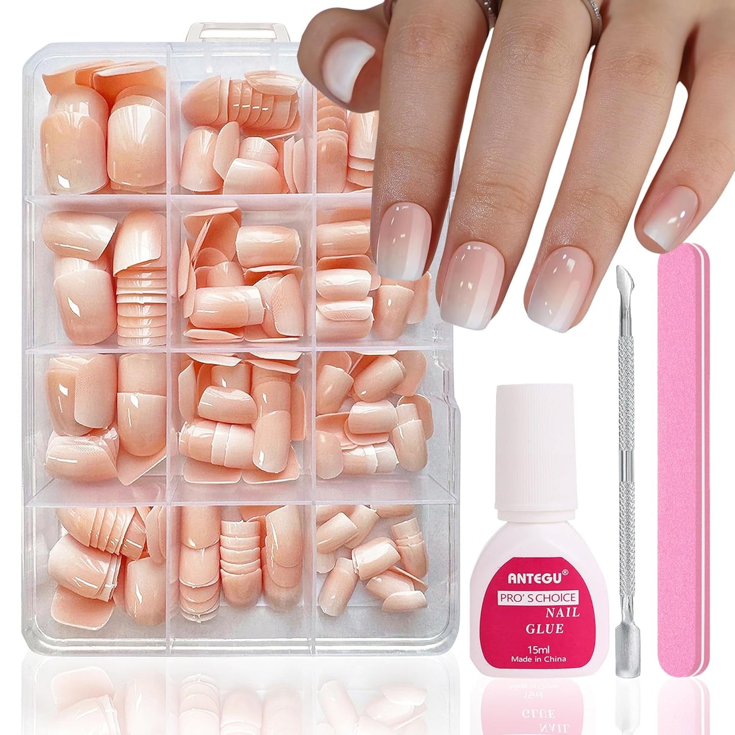 Sada falešných nehtů - 240 ks Krátké čtvercové nehty Model Měkký gel Nude White Gradient Falešné přírodní lepidlo na falešné nehty pro ženy DIY (nahé s přechodem, 240X)