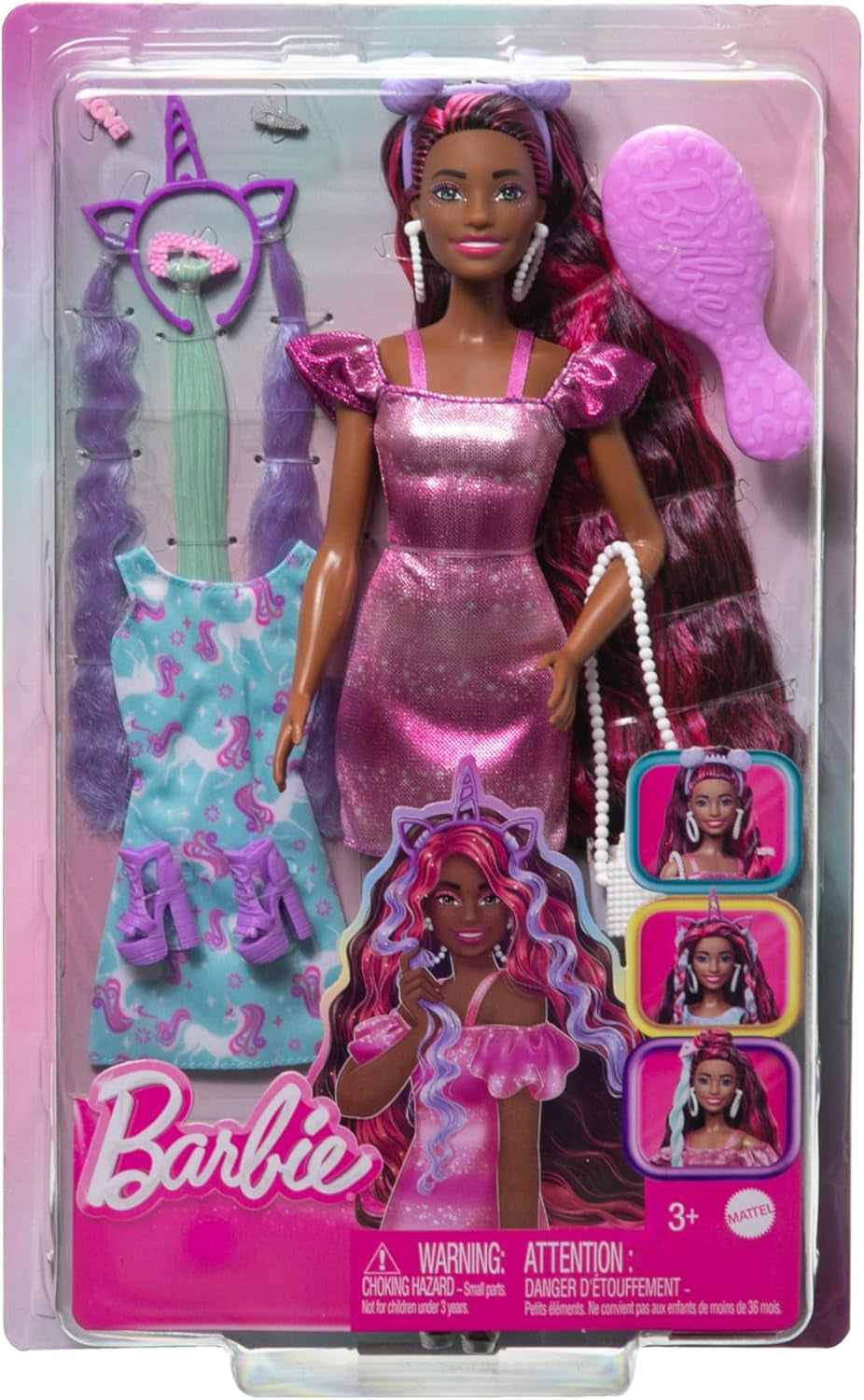 Panenka Barbie Zábavné stylové vlasy s extra dlouhými barevnými černými vlasy a jiskřivě růžovými šaty 10 Účes a módní doplňky JDC86
