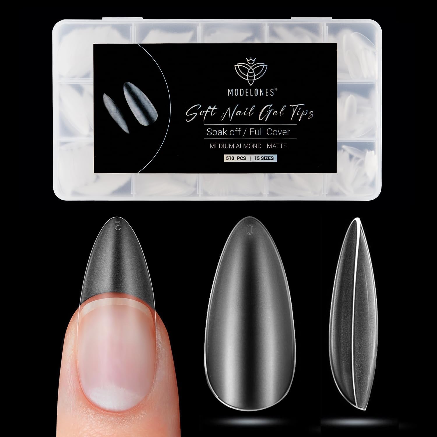 Modelones Nail Tips 510 kusů – sada nehtových špiček s úplným krytem, ​​sada gelových špiček, předleštění špiček na nehty s PMMA pryskyřicí, umělé nehty pro lepení nail art DIY, krátký squoval