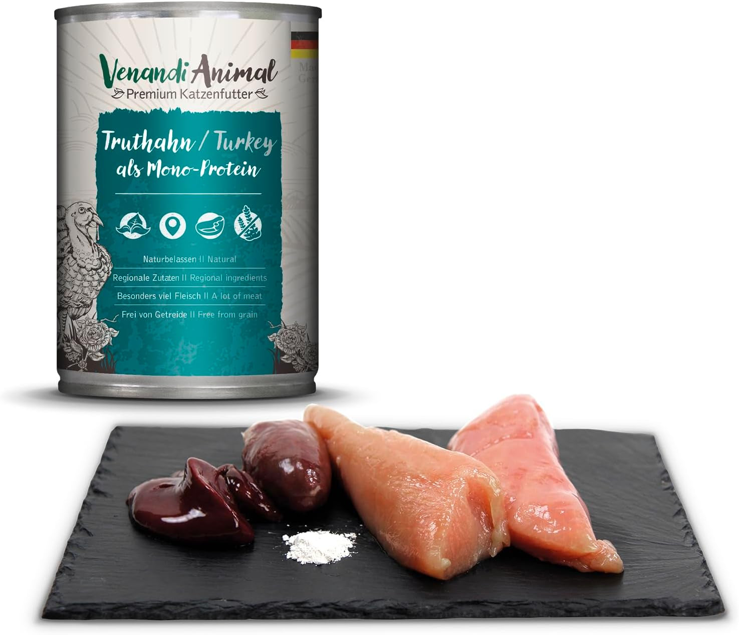 Venandi Animal Premium Nassfutter für Katzen, Probierpaket II, Kuře + Králík, Kalb, Turecko, 6 x 400 g, getreidefrei und naturbelassen, 2,4 kg