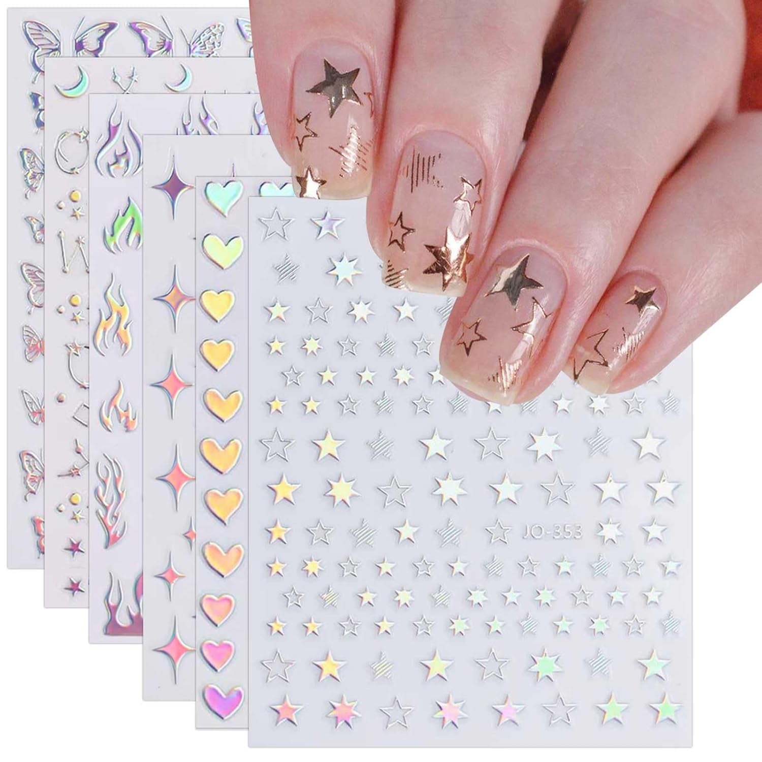 JMEOWIO Nálepka na nehty Aurora Holografisch 9 Blatt Nagelaufkleber Selbstklebend Herz-Flamme Spielt Schmetterlings-Mond Die Hauptrolle Nálepka na nehty Dekoration Nageldesign Zubehör