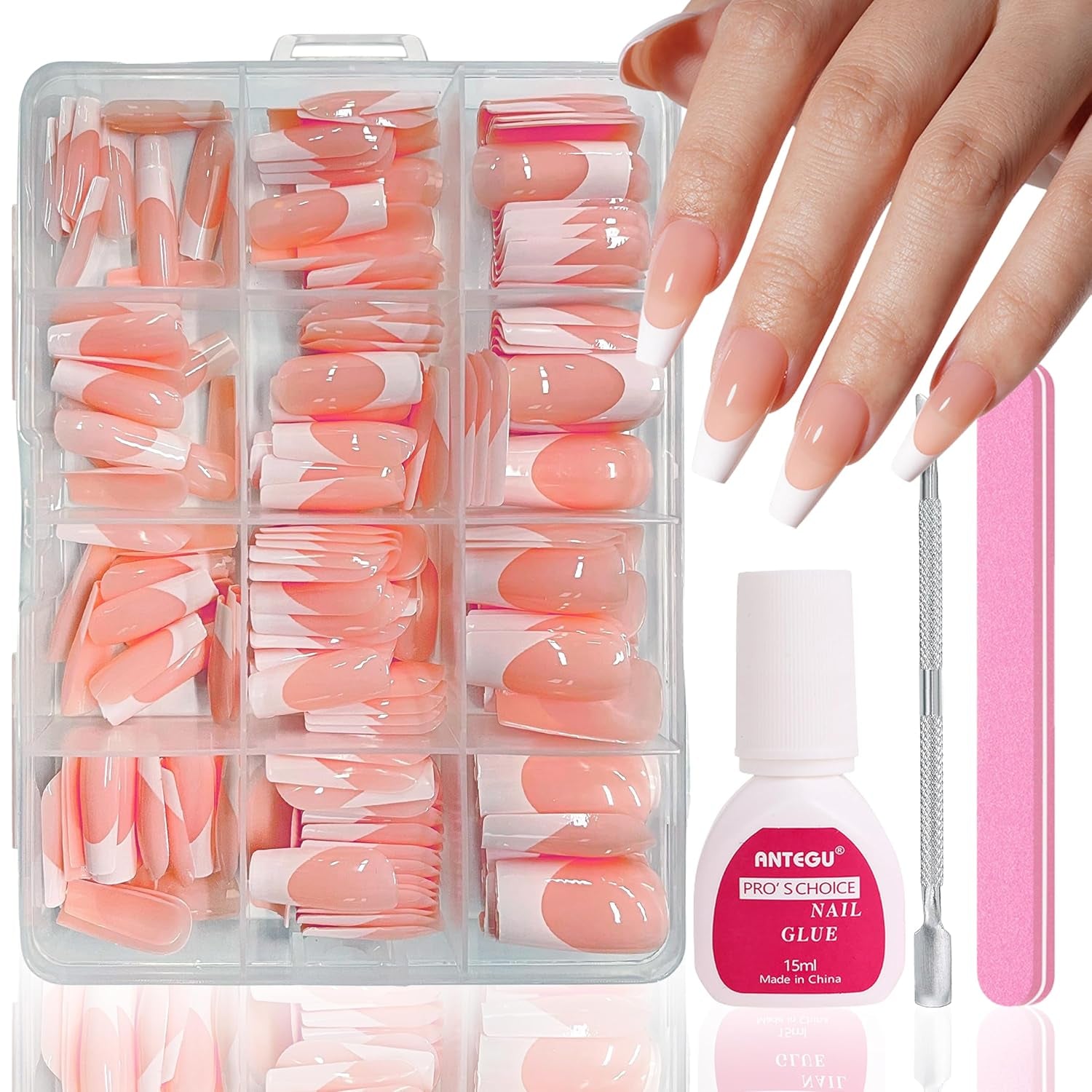 Sada falešných nehtů - 240 ks Krátké čtvercové nehty Model Měkký gel Nude White Gradient Falešné přírodní lepidlo na falešné nehty pro ženy DIY (nahé s přechodem, 240X)