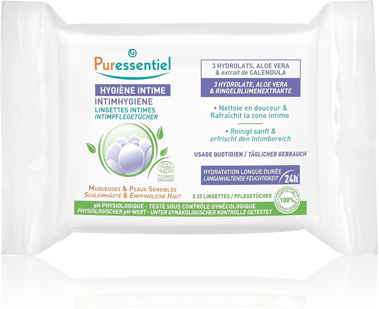 Puressentiel - Intimní hygiena - Intimní ubrousky - Čištění a osvěžení - Citlivé sliznice a pokožka - Dlouhotrvající hydratace 24 hodin - Pro každodenní použití - X25 ks.