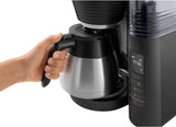 Melitta AromaFresh Therm Pro X - Espresso kávovar s filtrem, integrovaným mlýnkem, vyjímatelnou nádržkou na vodu, nerezovou termokarafou a funkcí časovače, až na 8 šálků kávy, černá/stříbrná