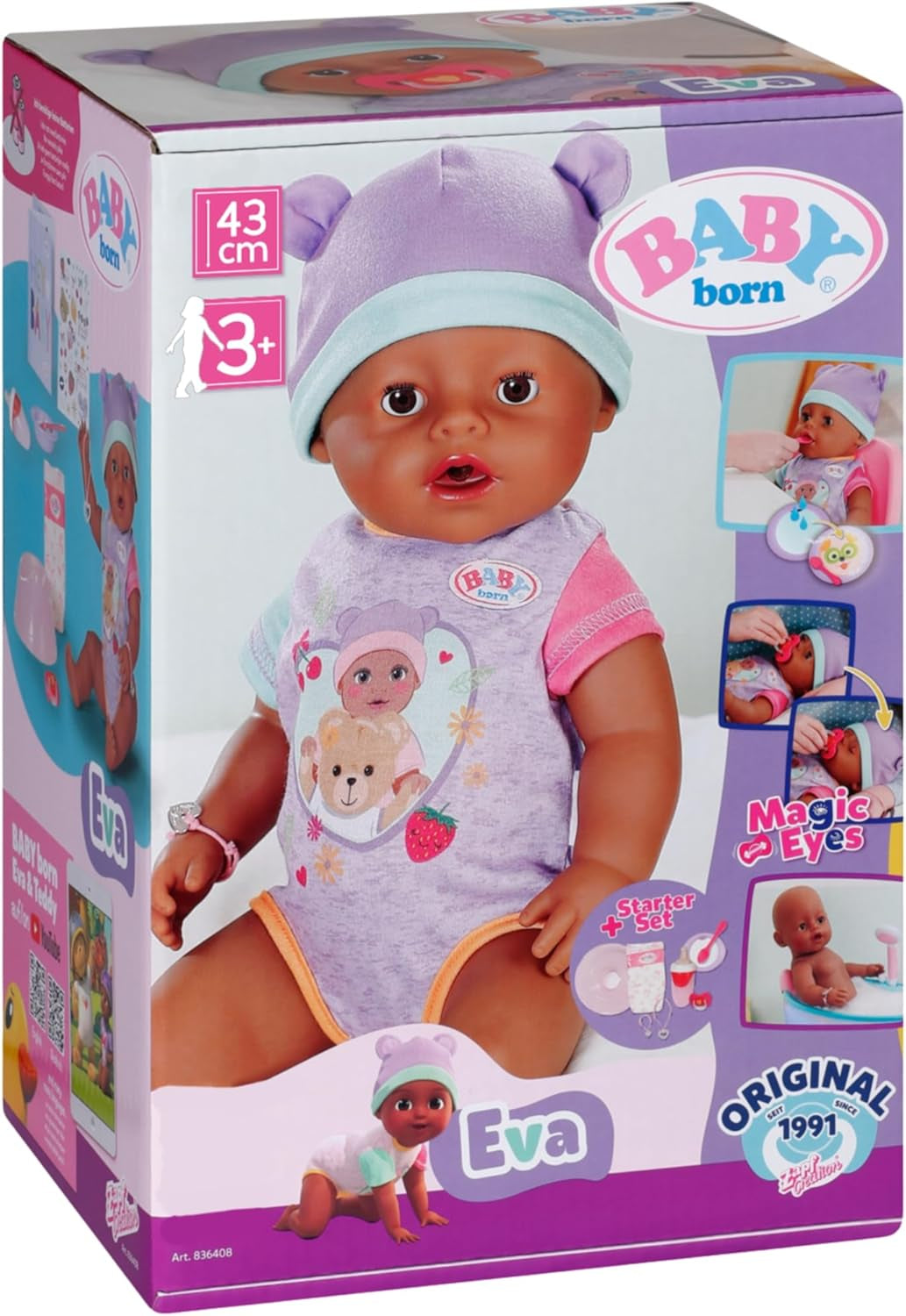 BABY Born Eva - panenka 43 cm - 10 funkcí včetně příslušenství a matrace - Plně funguje bez baterií - Vhodné pro děti od 3 let
