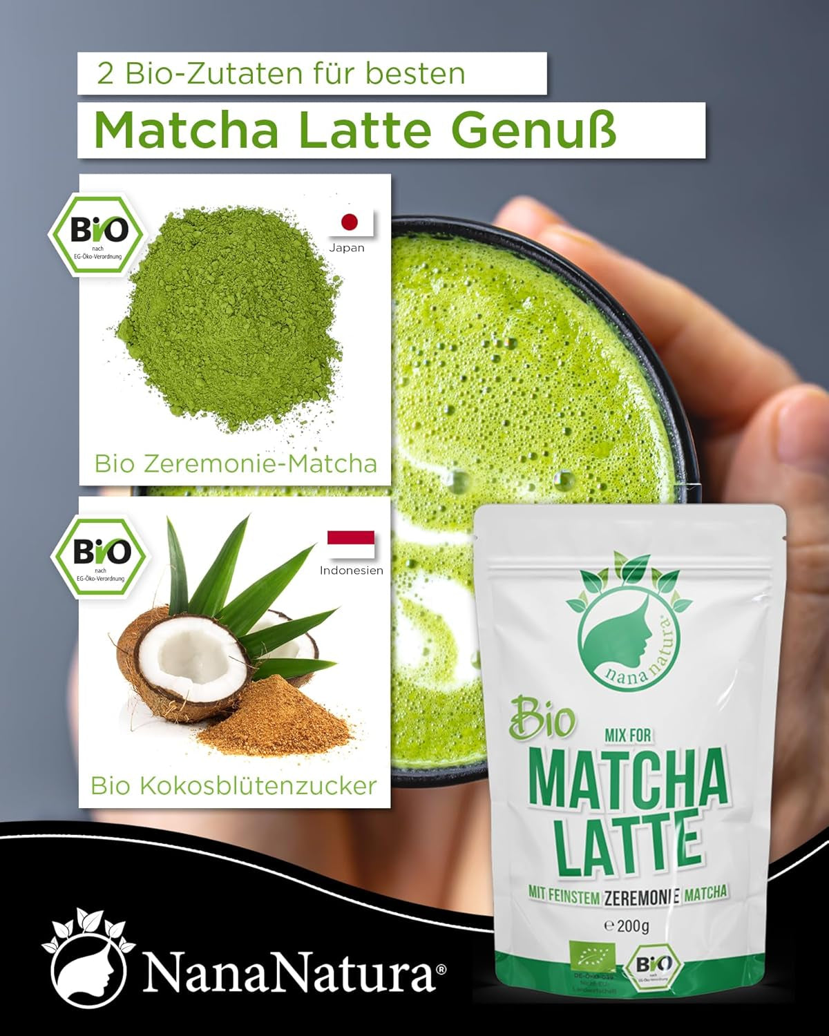 Nananatura'S Bio Matcha Latte Mix s 22% Ceremoniálním práškem ze zeleného čaje z Japonska | Pro jednoduchý a lahodný požitek z čaje | Vhodné také na zmrzlinu a pečivo