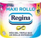 Regina Maxi Roll – 4 role toaletního papíru, 500 2vrstvých listů na roli, více než trojnásobek standardní role, 60 % recyklovaný plastový obal, 100 % certifikovaný papír Fsc
