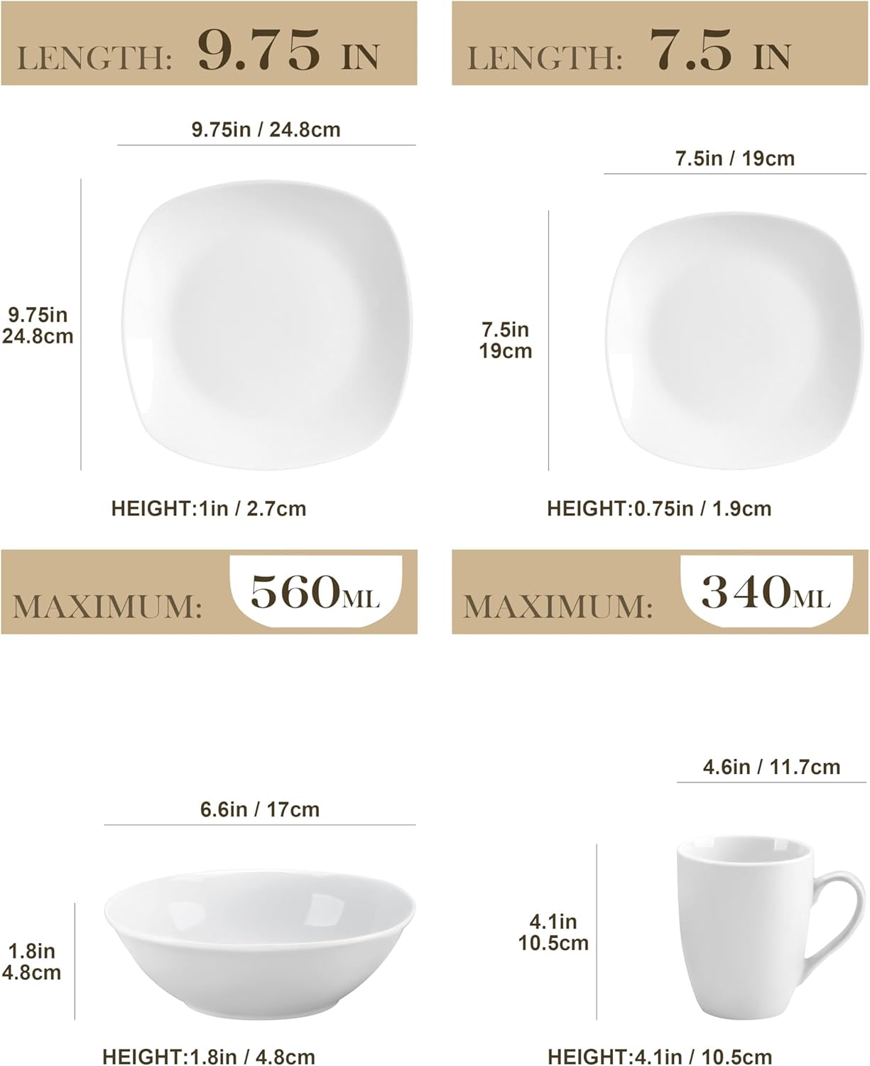 Sada nádobí MALACASA pro 4, 16dílné bílé porcelánové nádobí, moderní sada nádobí se 4 talíři, dezertními talíři, talíři a šálky Suma, řada ELISA