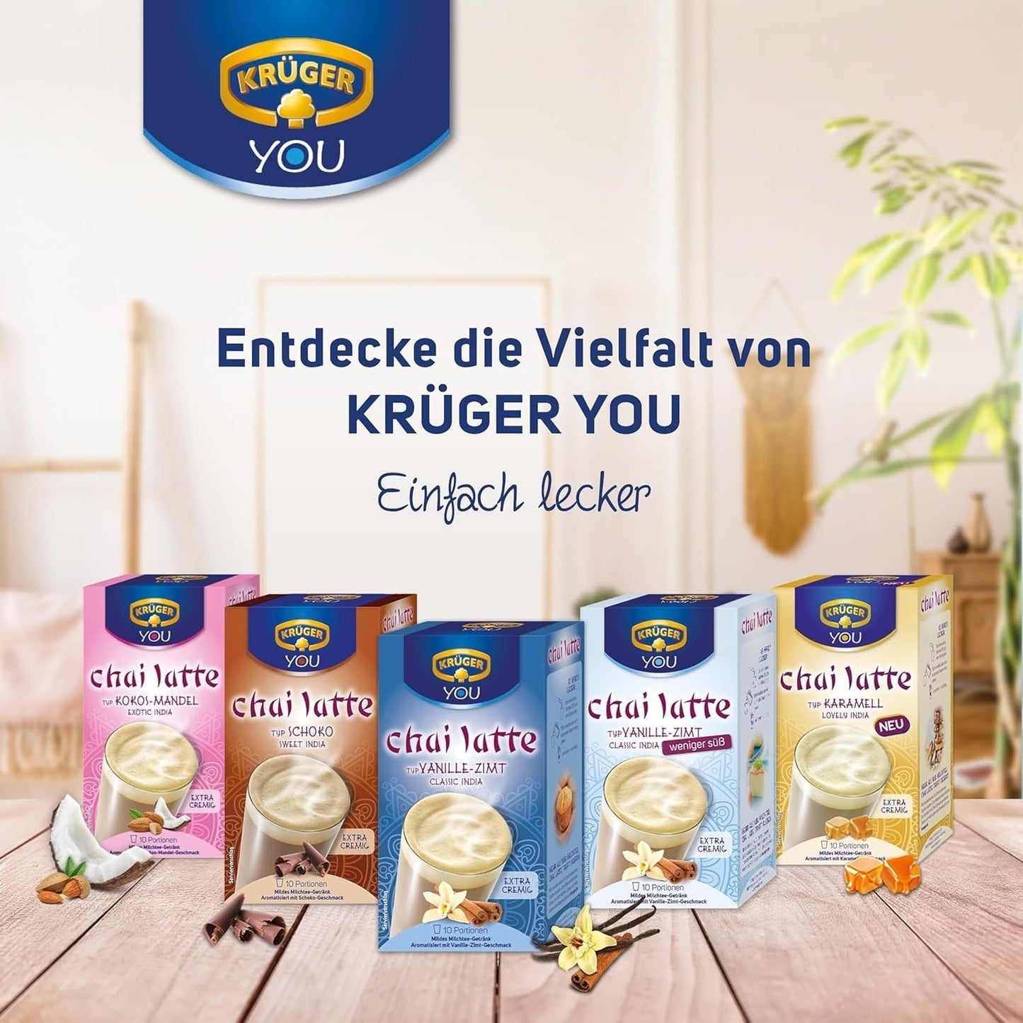 KRÜGER YOU Chai Latte Vanilla Cinnamon, instantní přípravek pro mléčné nápoje, ochucený vanilkou a skořicí, 250 g (10 sáčků po 25 g)