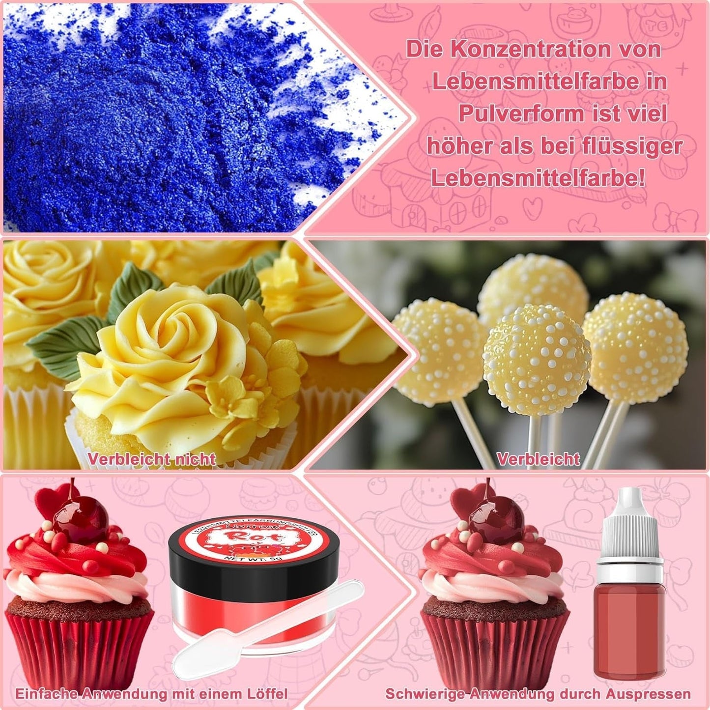 Powder Food Coloring Set - 4x5g koncentrované potravinářské barvivo na fondán, máslový krém, zářivé potravinářské barvivo na pečení, zdobení dortů, barvení velikonočních vajíček, macarons, All Hallows' Day