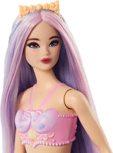 Panenka Barbie mořská víla s růžovými a lila ozdobnými vlasy a čelenkou, panenka s mušlí a levandulová panenka s modrým ocasem, panenky HRR06 Naty Shop