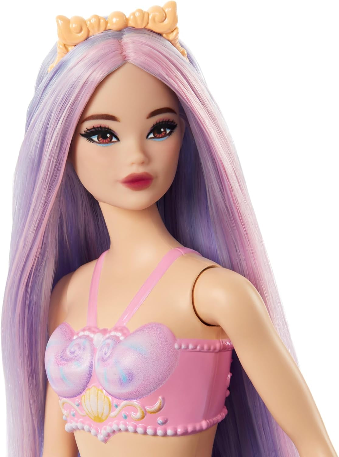 Panenka Barbie mořská víla s růžovými a lila ozdobnými vlasy a čelenkou, panenka s mušlí a levandulová panenka s modrým ocasem, panenky HRR06 Naty Shop