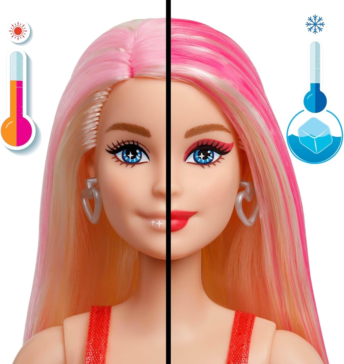 Barbie Party panenka bez krabice a doplňků, série Glam Party s 10 překvapeními, včetně jasně červené panenky s efektem změny barvy, JFY68