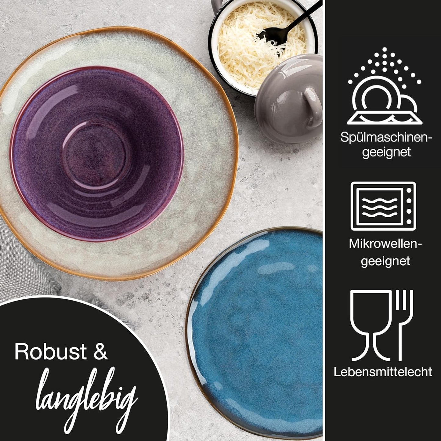 Moritz & Moritz COPA 16-tlg Geschirrset 4 Personen - Elegantes Teller Set aus hohrstandigem Steinzeug - Geschirr Set 4 Personen aus je 4x Večeře, Dessertteller, Müslischale & Kaffeebecher