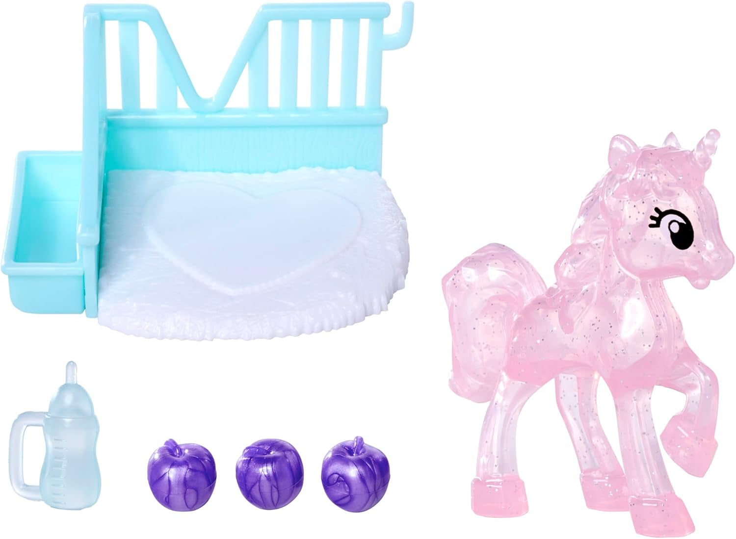 Hrací panenka Simba Evi Love Unicorn v roztomilých šatech s jednorožcem se sladěnou čelenkou, včetně jednorožce se stájí, jablka a láhve na pití, 12 cm, věk 3+