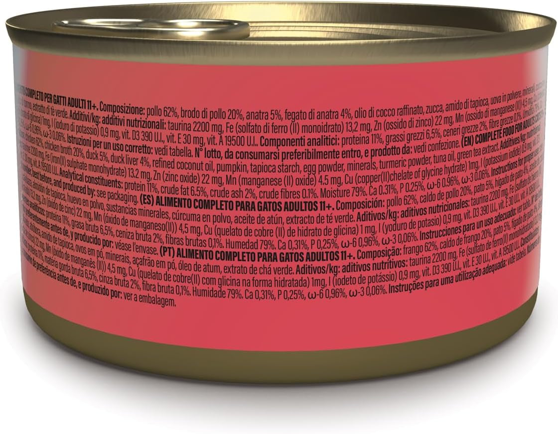 Stříbrné kuře s kachní pěnou a filety, kompletní mokré krmivo pro starší kočky, bez obilovin, podpora imunity, zdroj vlhkosti, 12 x 70 g