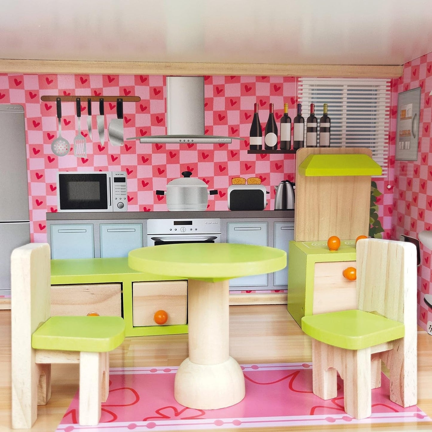 Bino World of Toys Domeček pro panenky s balkonem, Hračka pro batolata od 3 let, se 3 patry, schodištěm, 4 pokoji a balkonem vč. 15-TLG. Doplňky, Pro podporu dětských dovedností, Růžový design domečků pro panenky Naty Shop