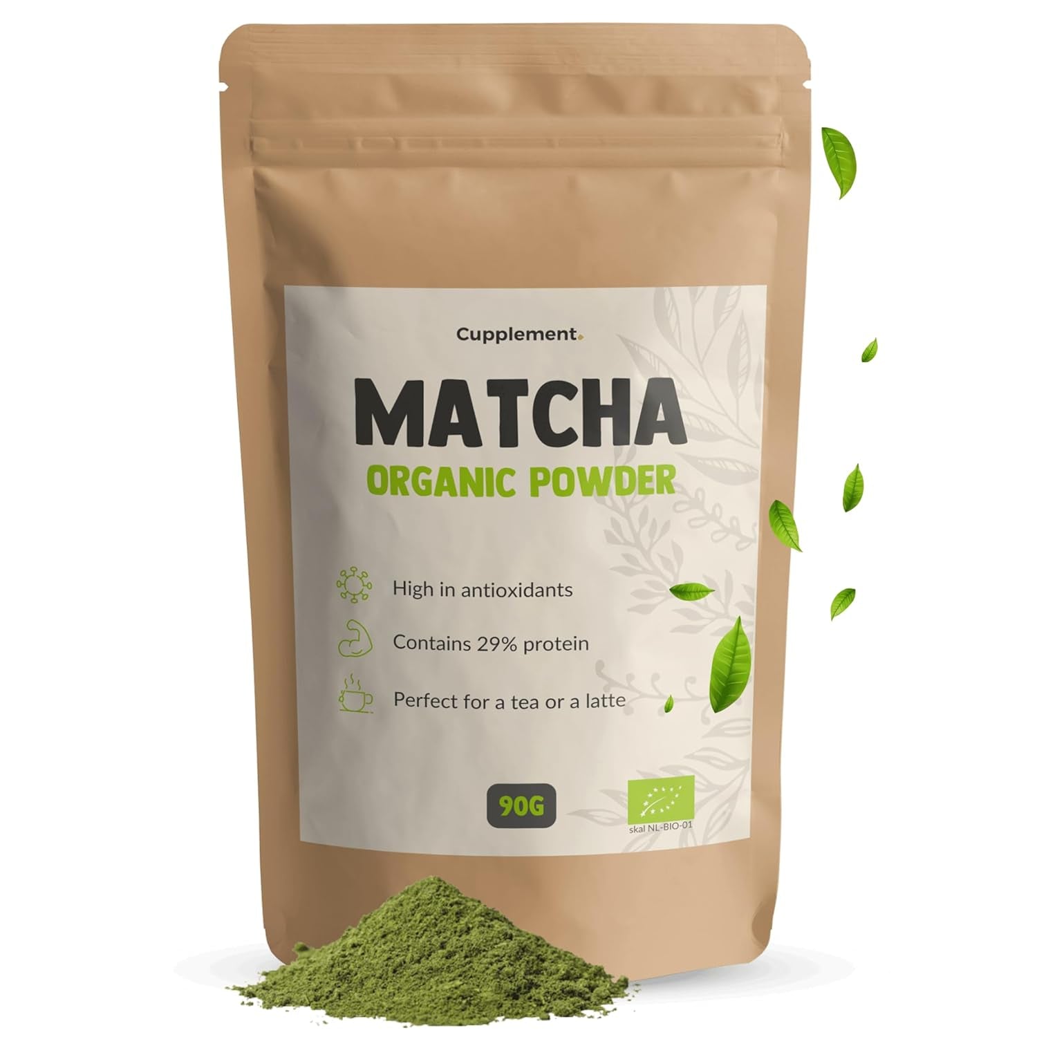 Cupplement Matcha 90 gramů bio - Nejkvalitnější práškový zelený čaj - Bez bambusové metly a drátu - Kuchařství - Sada pro začátečníky - Latte - Šlehačka - Japonsko - Prášek - Čaj - Drát - Sáček - Smoothie