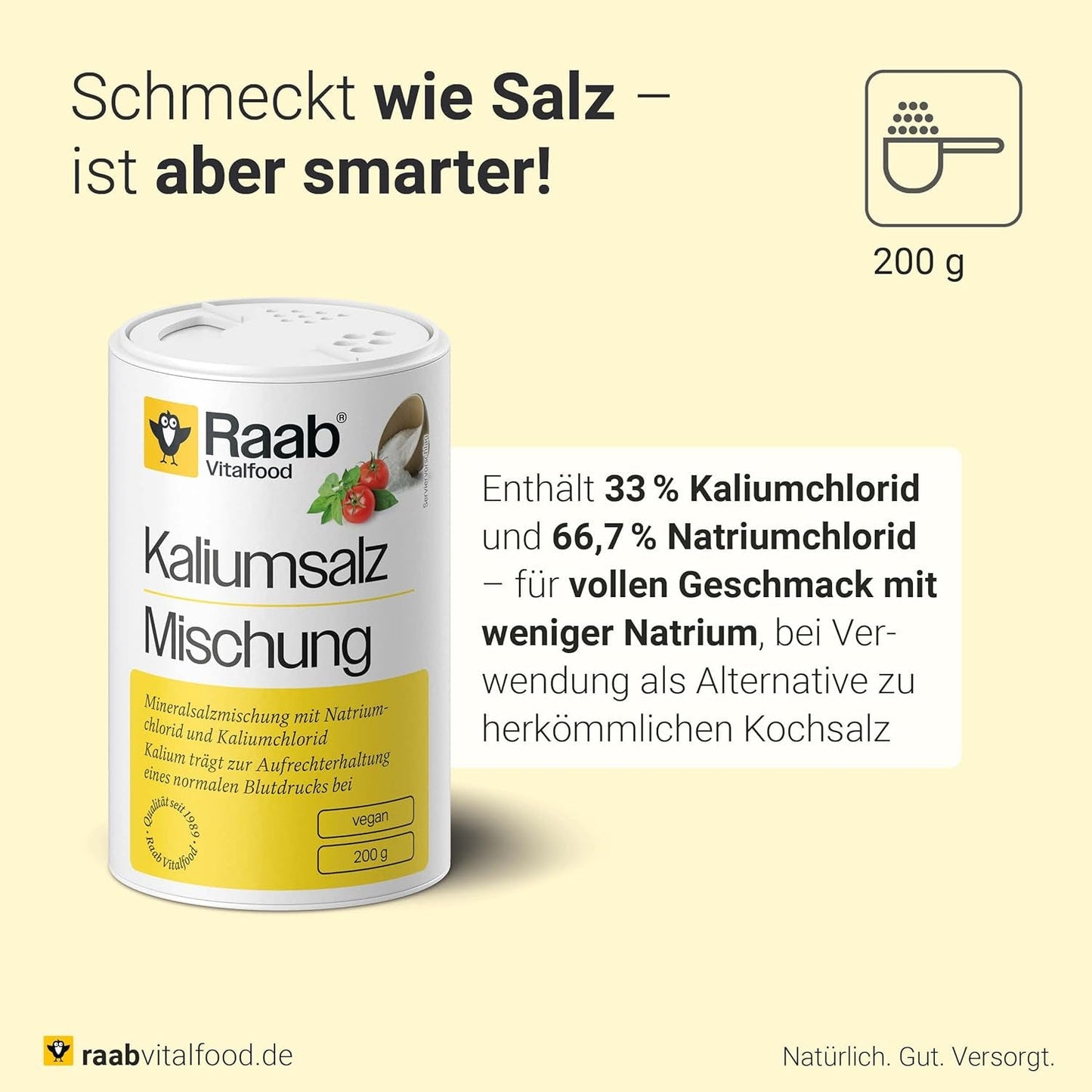 Raab Vitalfood Kalium salt-Mischung, Mineralsalzmischung mit 66,7% Natriumchlorid (Kochsalz) and 33% Kaliumchlorid, Kalium trägt zur Aufrechterhaltung eines normalen Blutdruck bei (1 x 200 g Dávka)