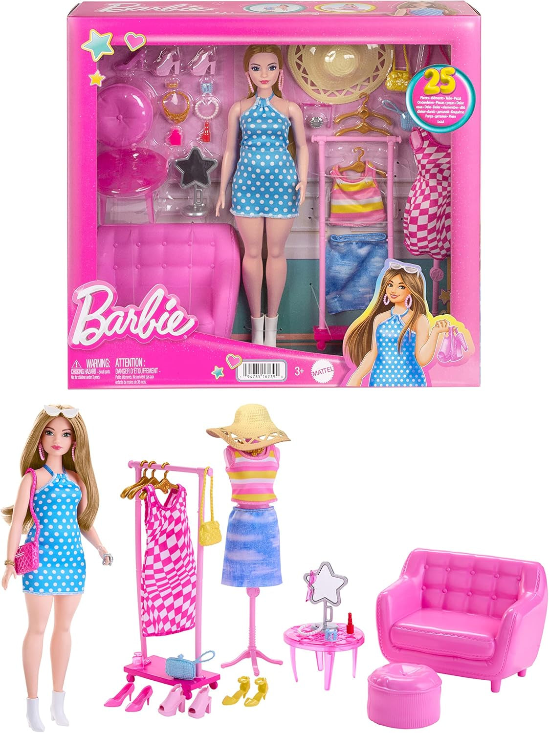 Sada módní panenky Barbie a šatní skříň s oblečením, doplňky a salonním nábytkem, dlouhotrvající kadeřnická zábava pro děti od 3 let, HPL78