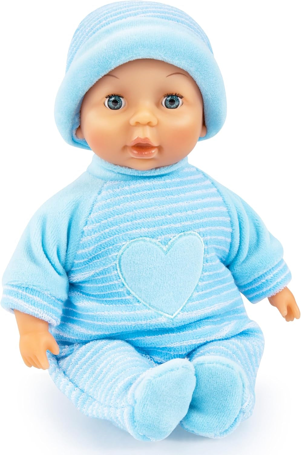 Bayer Design 92802AU Moje první miminko 28 cm, panenka, panenka s měkkým tělem a spícíma očima, velmi šikovná, roztomilý outfit, modrá se srdcem