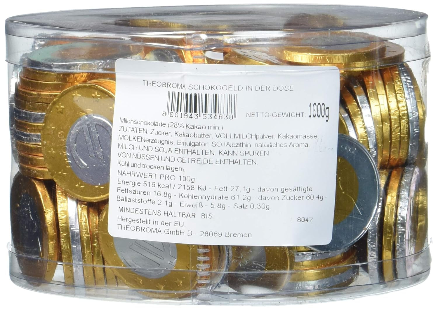 Theobroma Goldgeld Schokoladen Euro, Lose Münzen in Der Dose, 1Er Pack (1 X 1 Kg) Naty Shop Euro