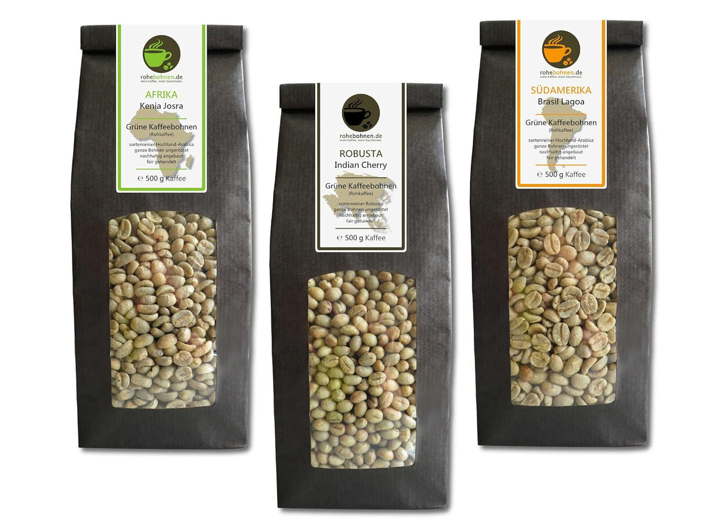 Raw káva - Zelená káva Keňa, Indie, Brazílie (snížené balení zrnkové zelené kávy 3x500g) - certifikát GMP