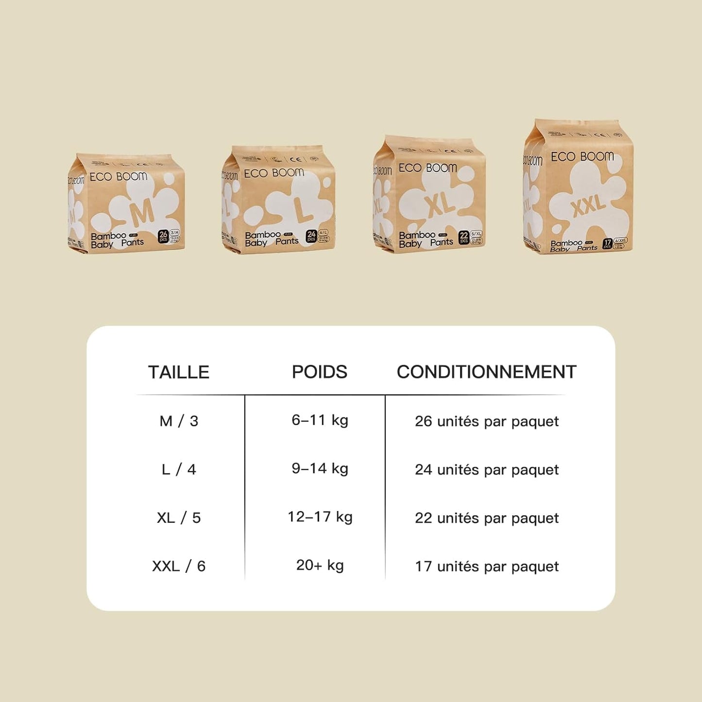 Bambusové dětské plenky ECO BOOM – velikost 6 (20 kg), rostlinné stahovací plenky (17 ks) – prémiové organické, bez parfemace, šetrné k pokožce, super savé