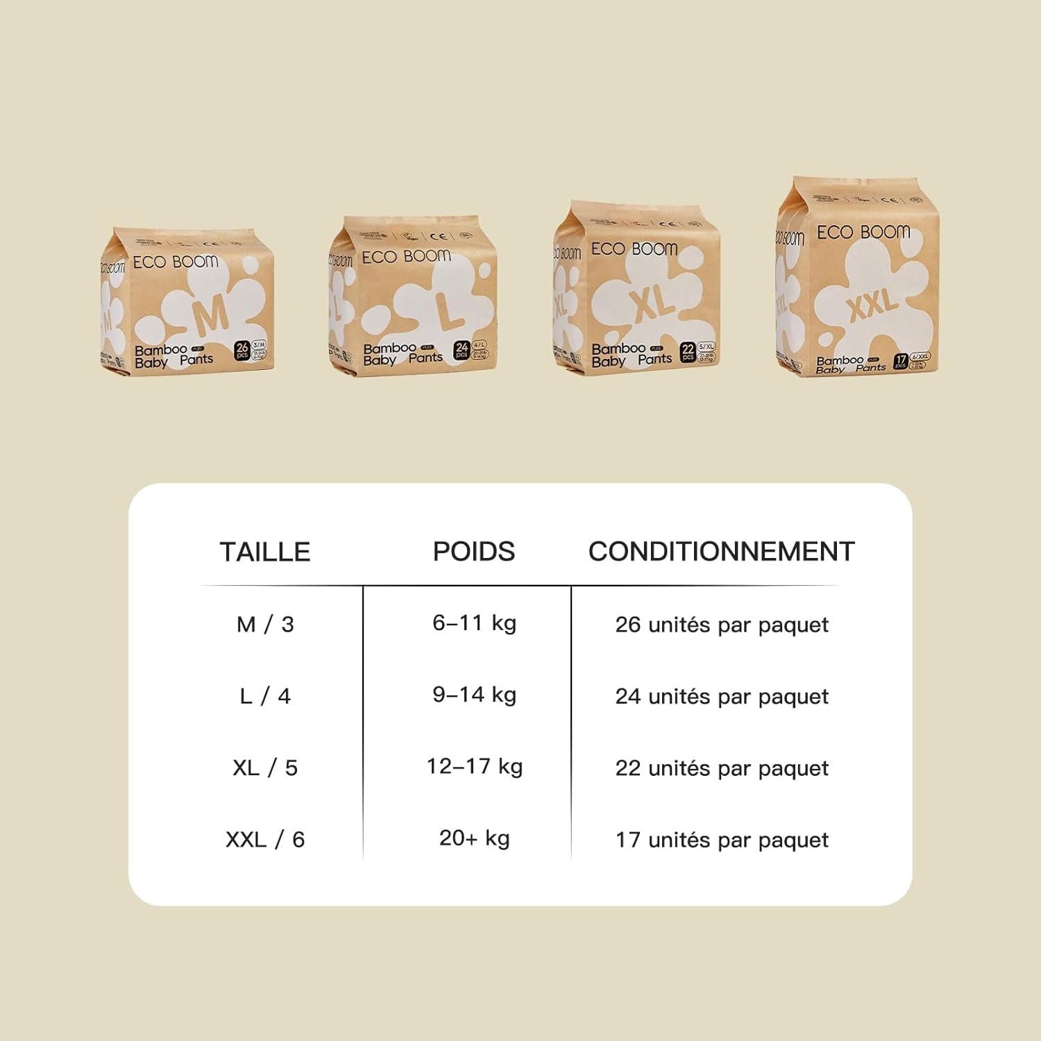 Bambusové dětské plenky ECO BOOM – velikost 6 (20 kg), rostlinné stahovací plenky (17 ks) – prémiové organické, bez parfemace, šetrné k pokožce, super savé