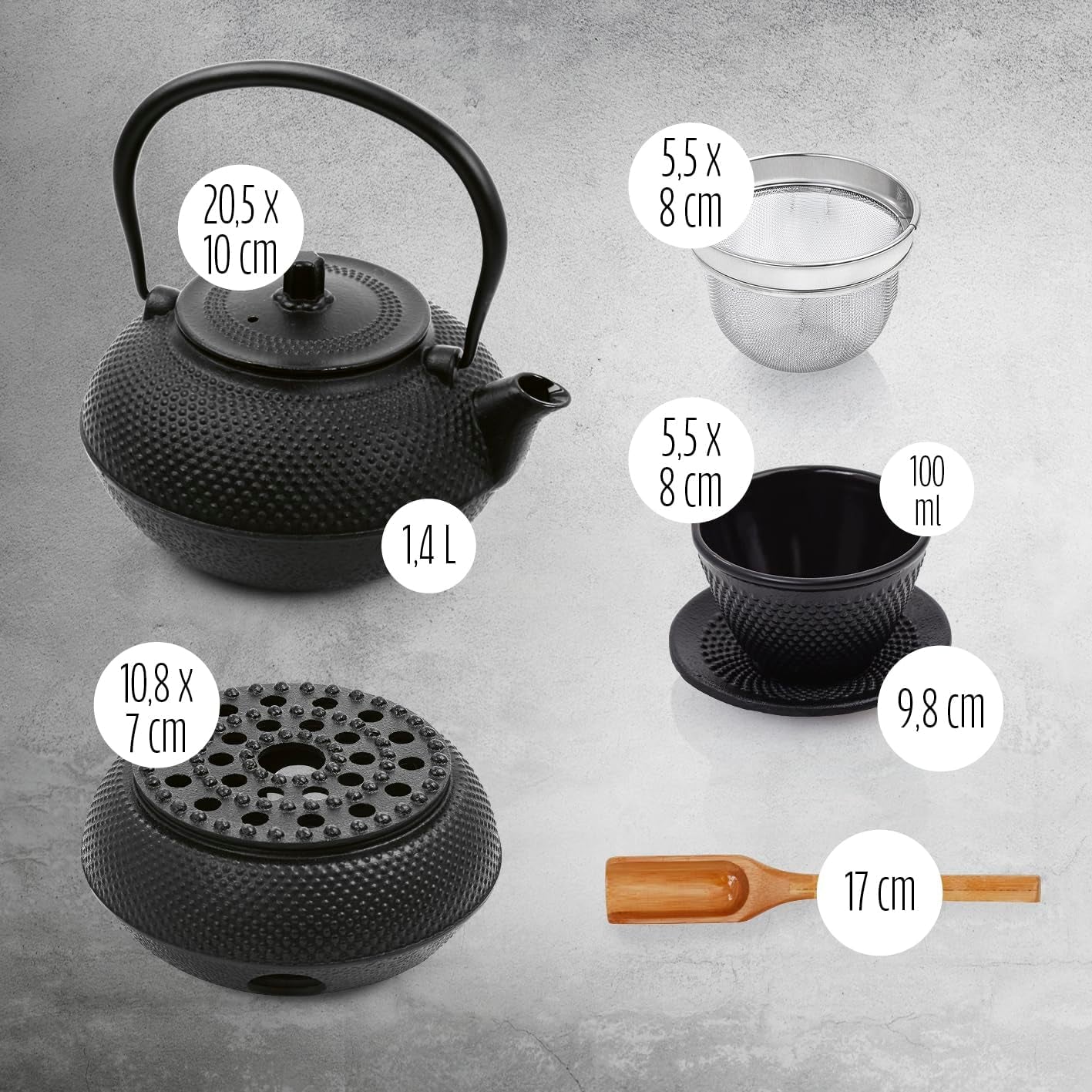 Lumaland 8dílná čajová sada | Litinová konvice Tetsubin 1,4 l | Litinové topidlo | 2 šálky a 2 podšálky | Japonský čajový set obsahující bambusovou odměrku a louhovač z nerezové oceli