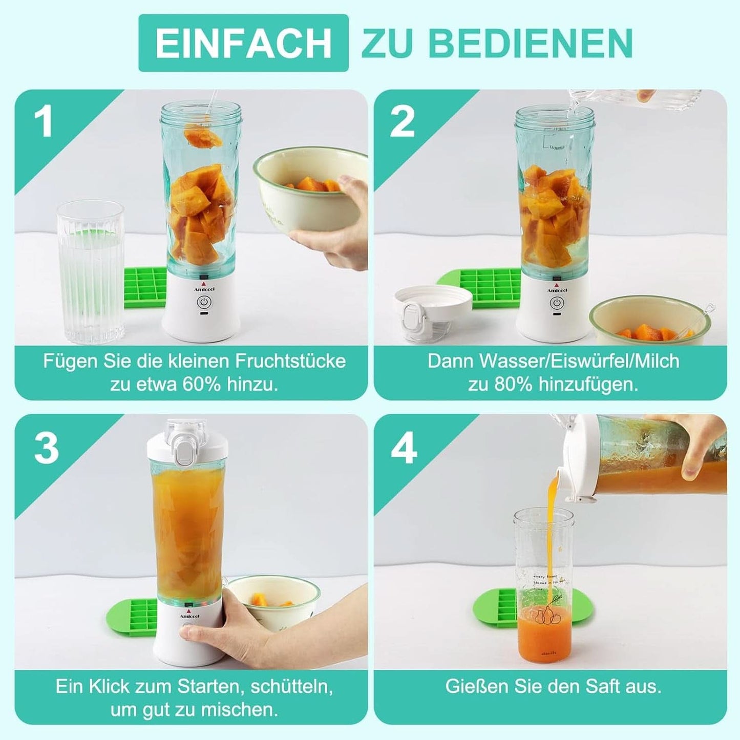 Mixér Smoothie Maker to Go, Mini Standmixer Tragbar Mit 6-Klingen Edelstahl, Enstafter Mit Reisedeckel, USB přenosný mixér Elektrisch 600 ml láhev, Mixer Shaker Slushy Maker Wasserdichter Bucatarie Naty Shop